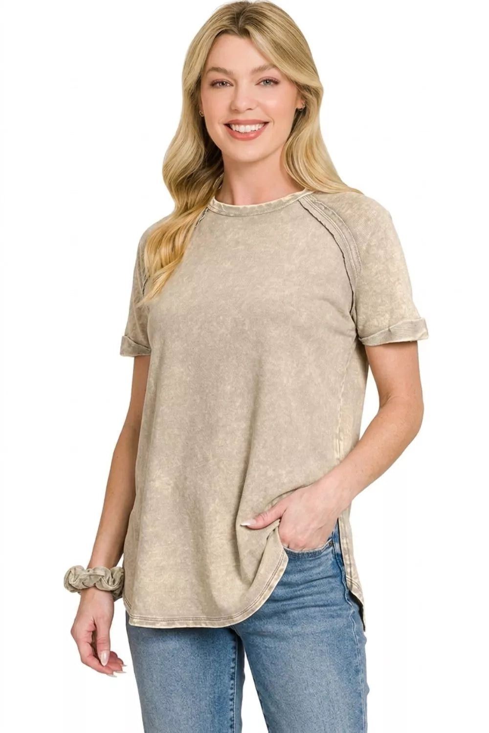 ZENANA TERRY WASHED CURVED HEM TOP - PLUS