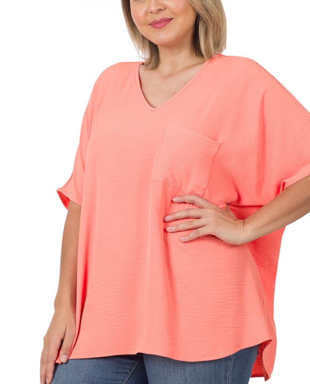 WOVEN AIRFLOW V-NECK DOLMAN SHORT SLEEVE TOP