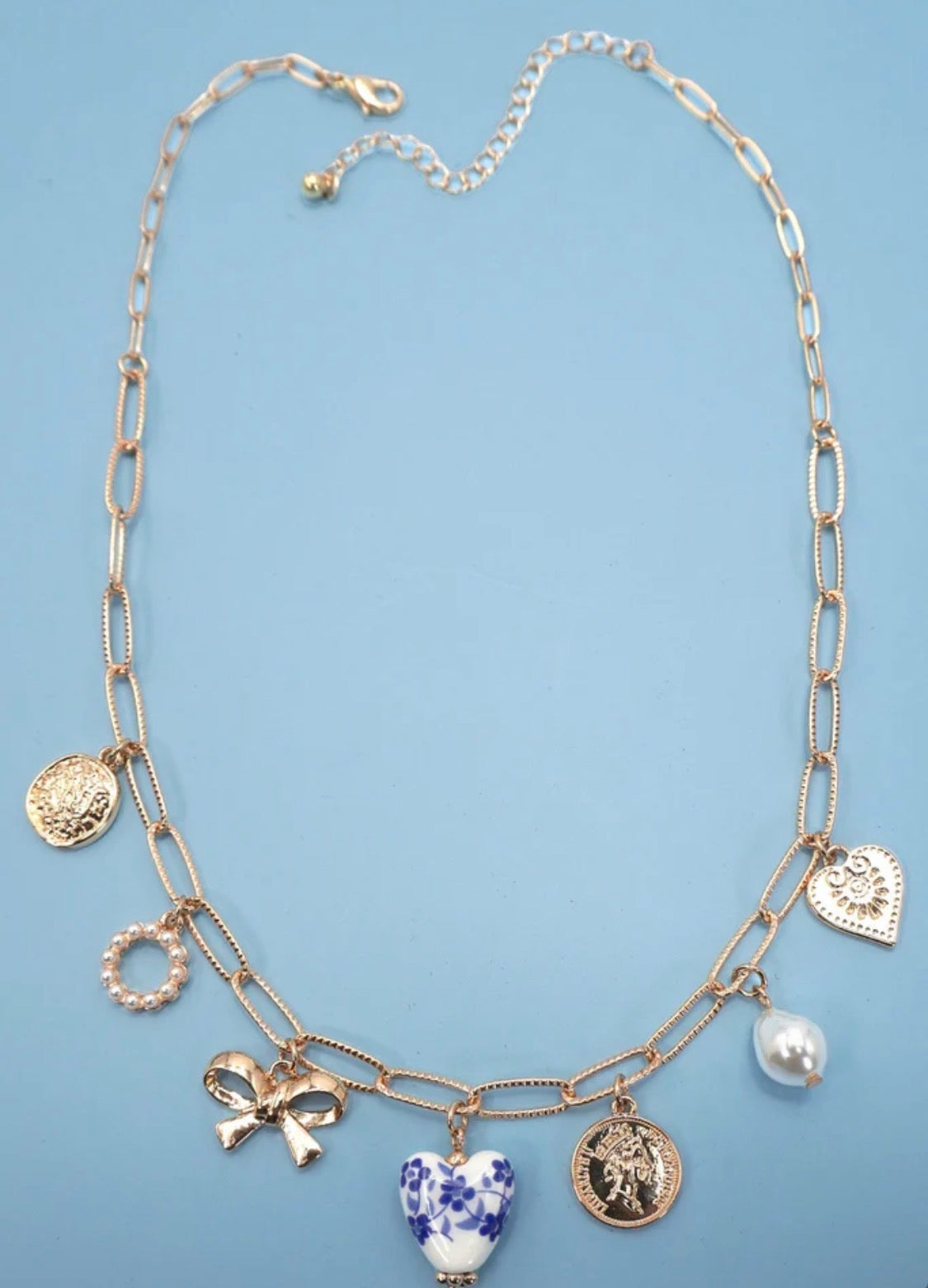 CERAMIC PORCELAIN BOW HEART CHARM LINK NECKLACE