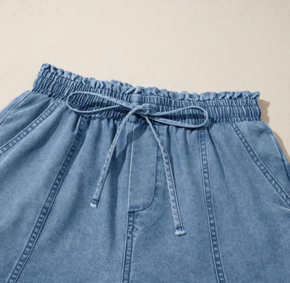 Smocked Elastic Denim Short