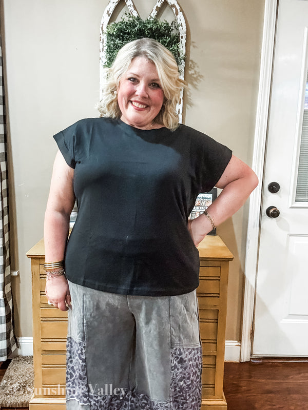 Curvy- Grey Leopard Patchwork Wide Leg Pant