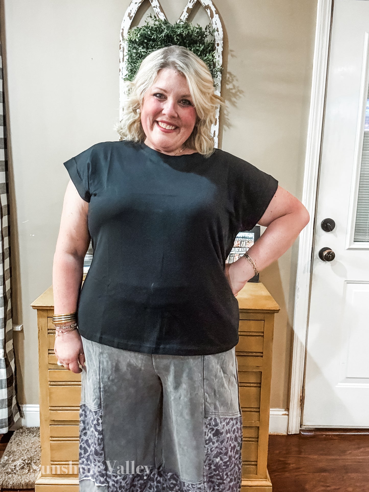Curvy- Grey Leopard Patchwork Wide Leg Pant