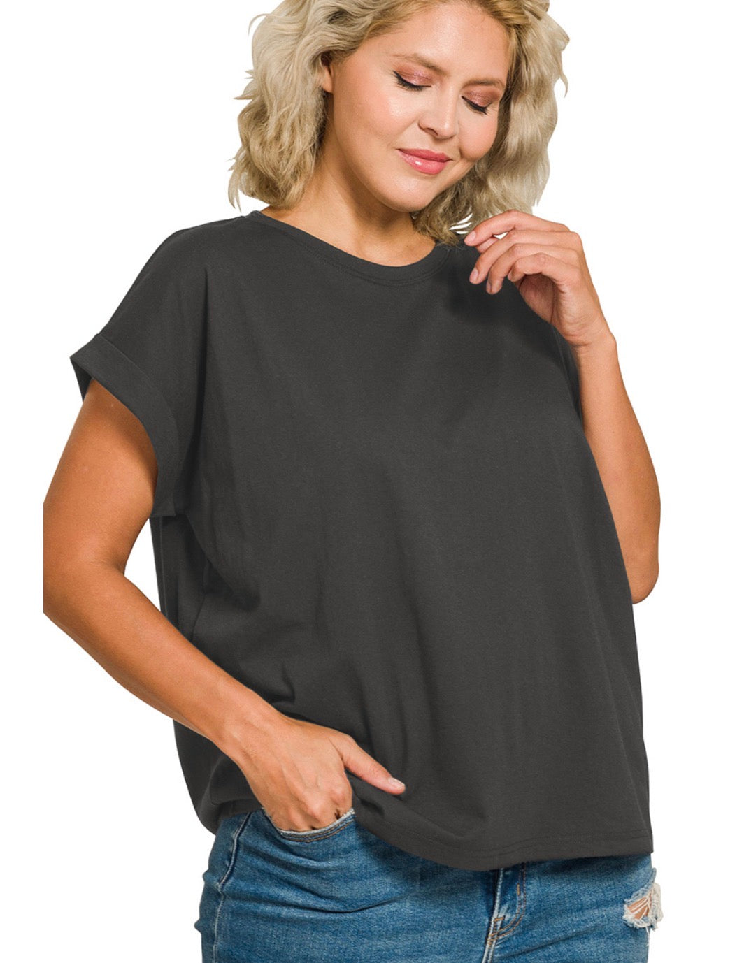 ROUND NECK FOLDED SHORT SLEEVE T-SHIRT