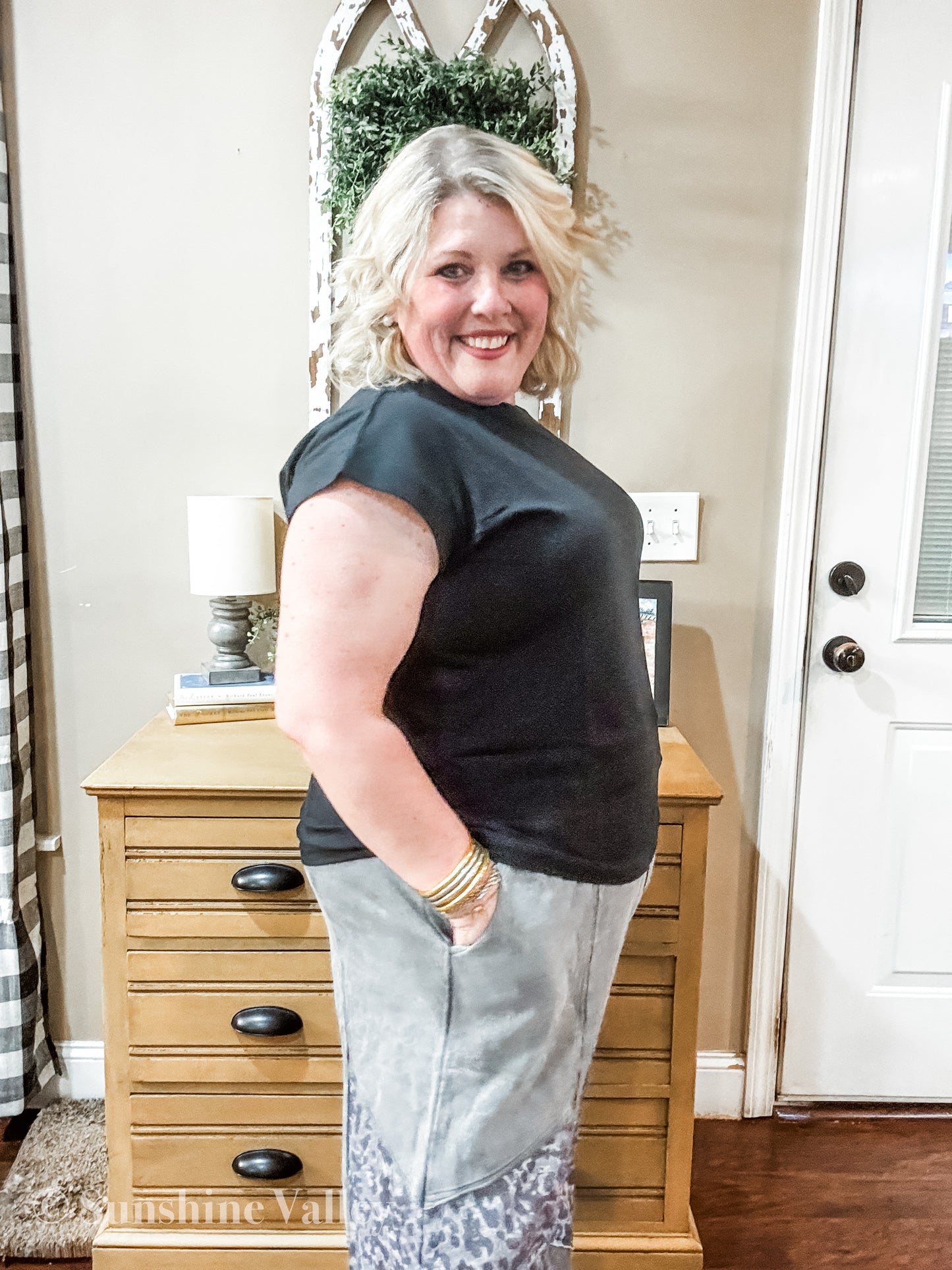 Curvy- Grey Leopard Patchwork Wide Leg Pant