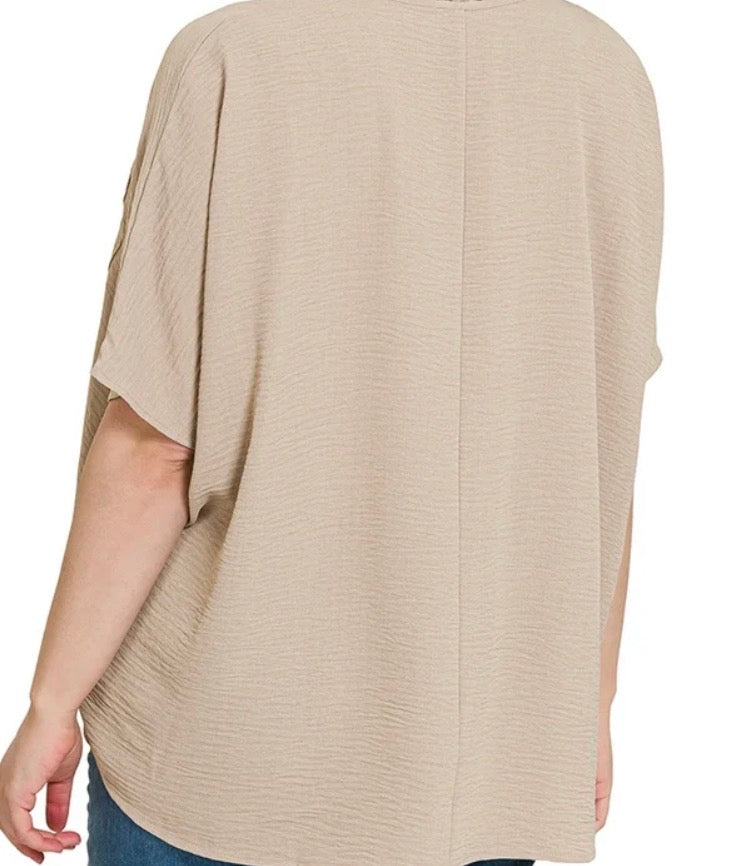 ZENANA WOVEN AIRFLOW V-NECK SHORT SLEEVE TOP