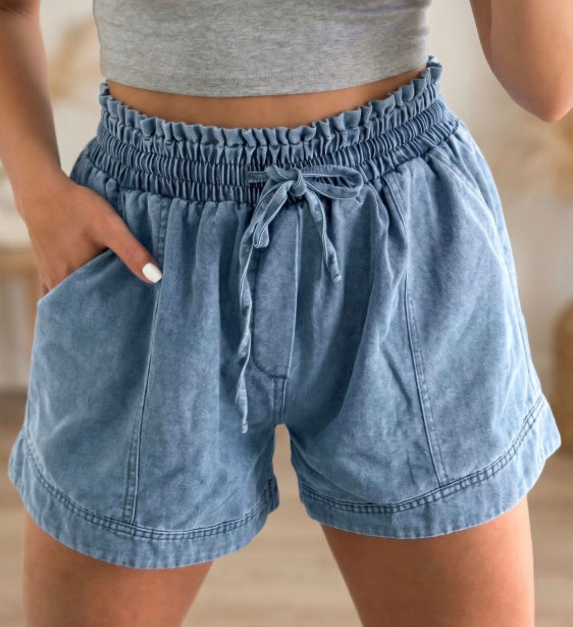 Smocked Elastic Denim Short