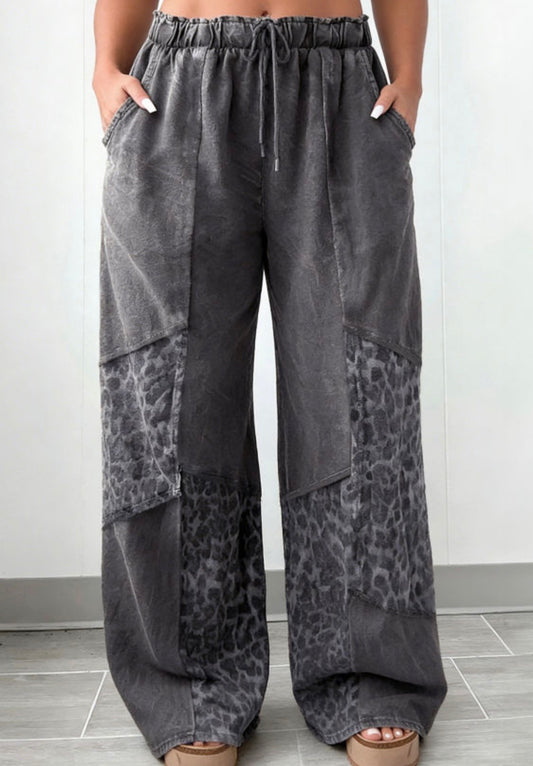 Grey Leopard Patchwork Wide Leg Pant- Plus