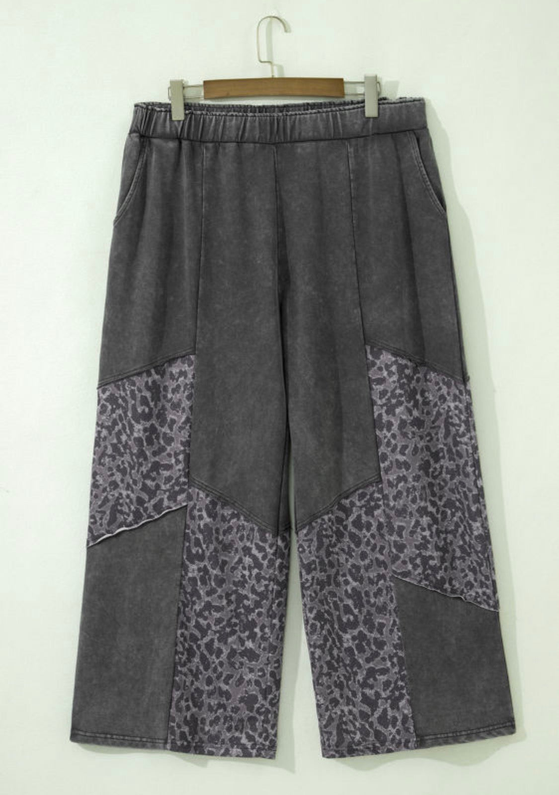 Grey Leopard Patchwork Wide Leg Pant- Plus