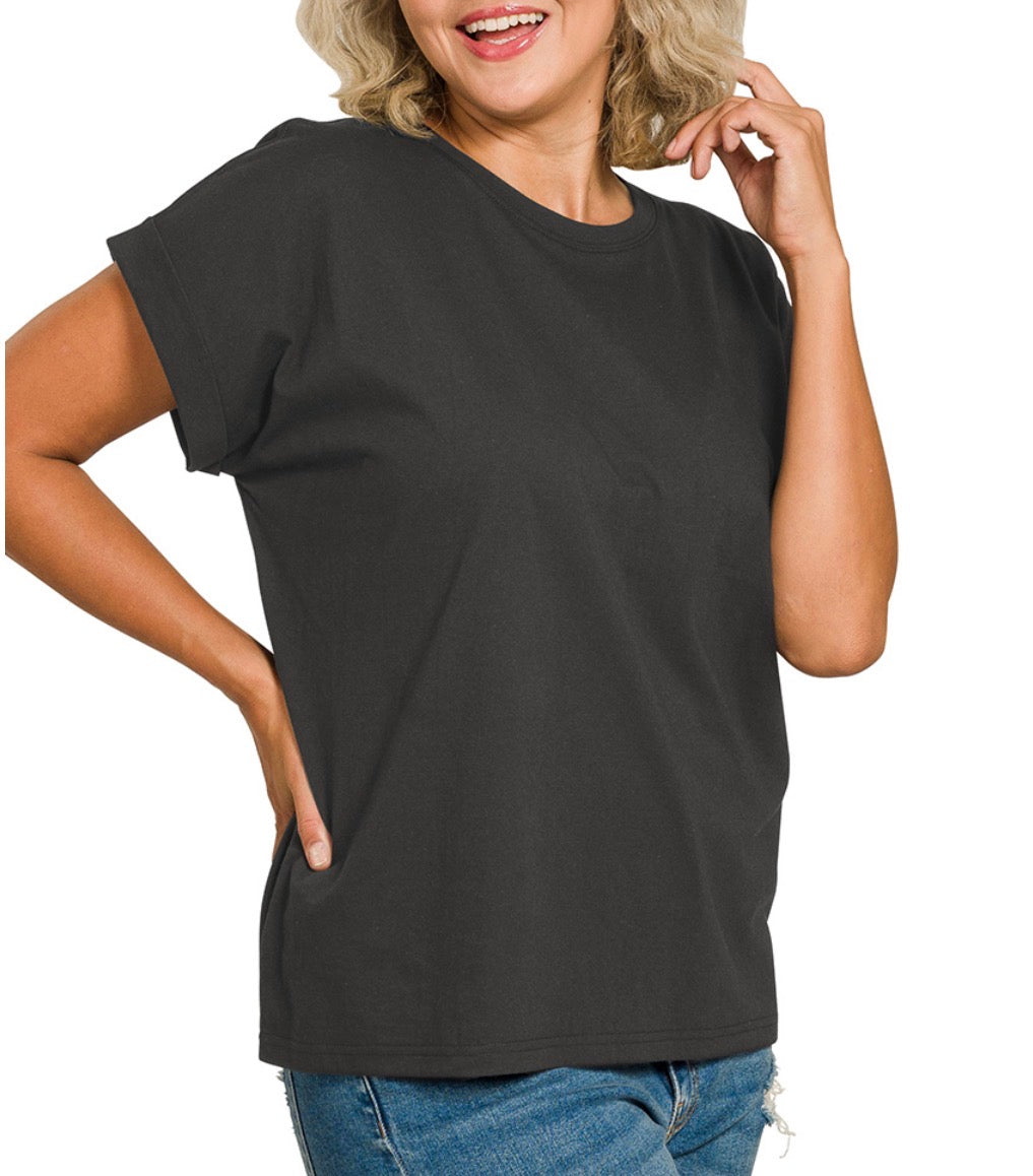 ROUND NECK FOLDED SHORT SLEEVE T-SHIRT