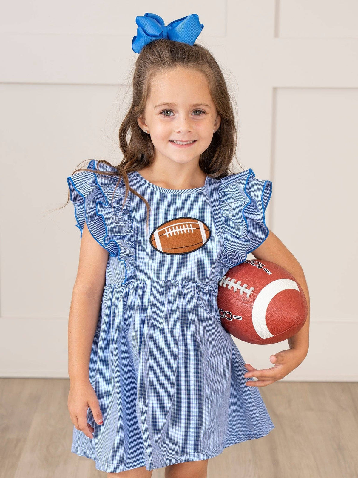 Blue Stripe Cotton Embroidered Football Ruffle Dress