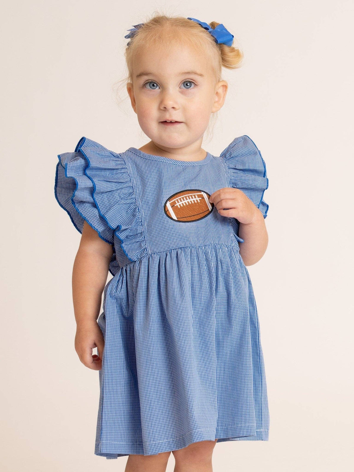 Blue Stripe Cotton Embroidered Football Ruffle Dress