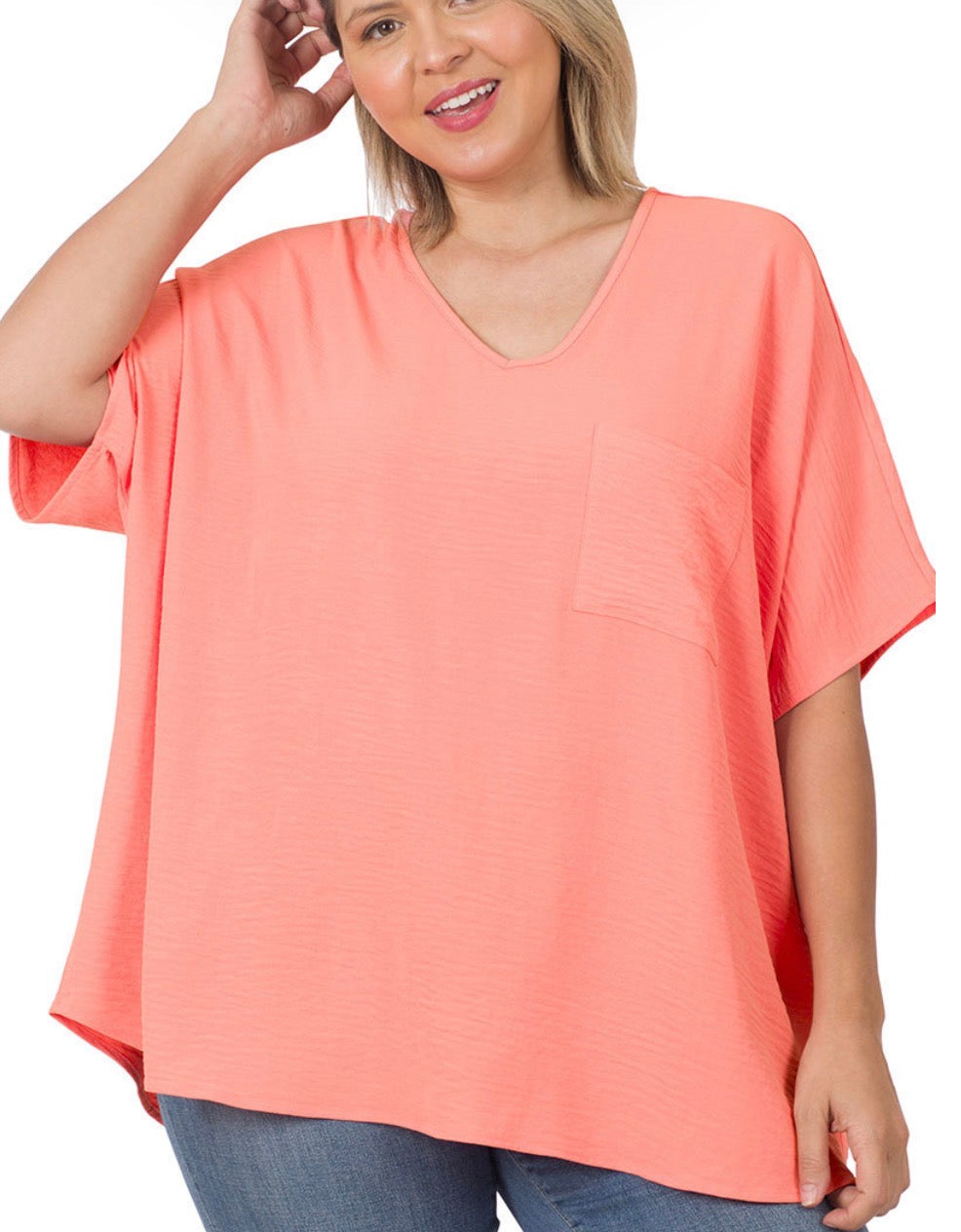 WOVEN AIRFLOW V-NECK DOLMAN SHORT SLEEVE TOP