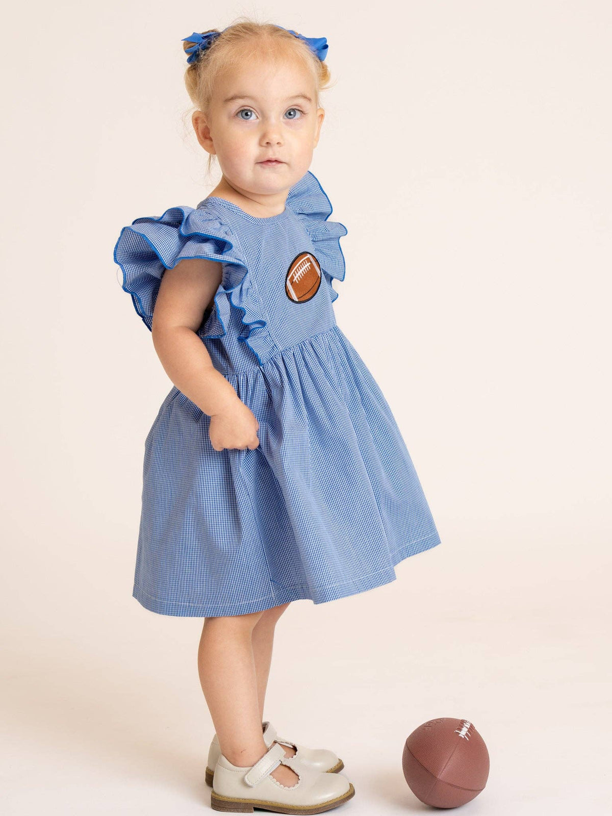 Blue Stripe Cotton Embroidered Football Ruffle Dress