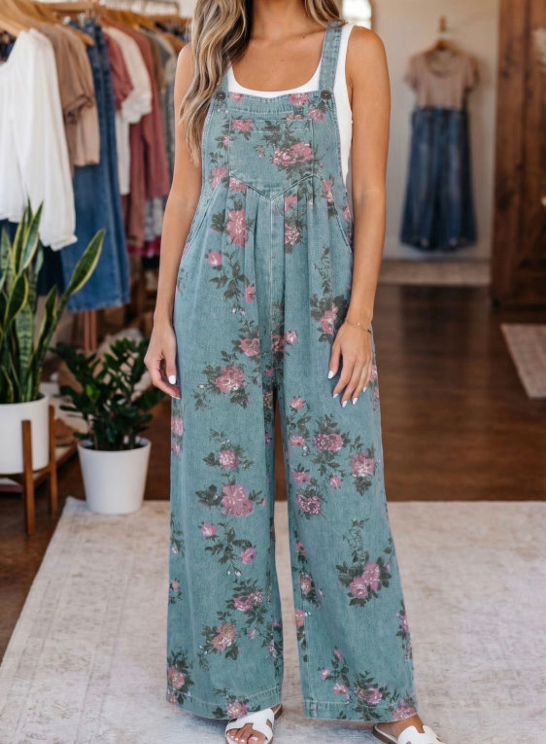 Floral High Waist Wide Leg Denim Jumpsuit