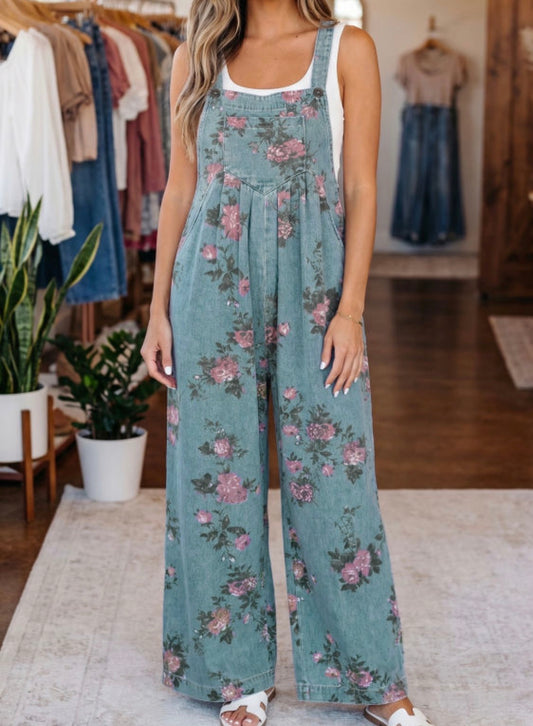 Floral High Waist Wide Leg Denim Jumpsuit