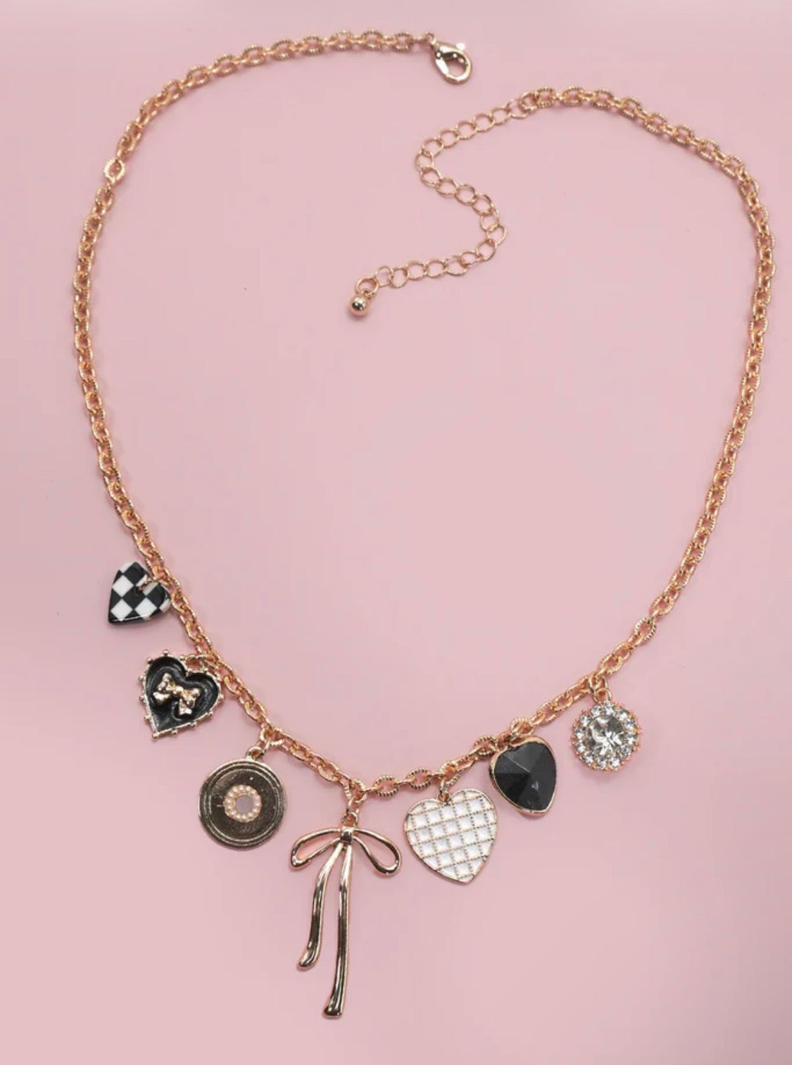 CHARM NECKLACE-BOW CHECKER HEART RHINESTONE