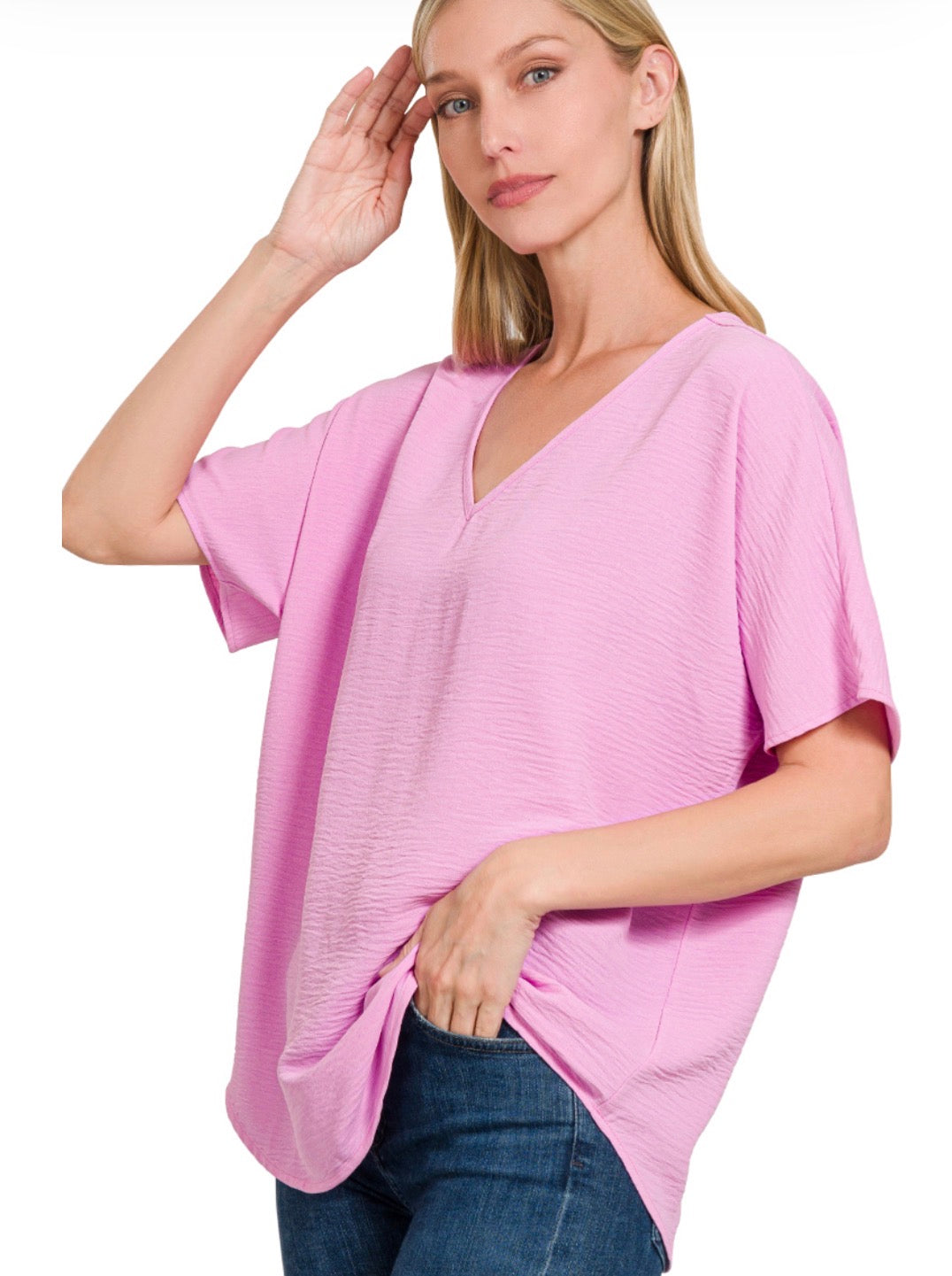 WOVEN AIRFLOW V-NECK SHORT SLEEVE TOP