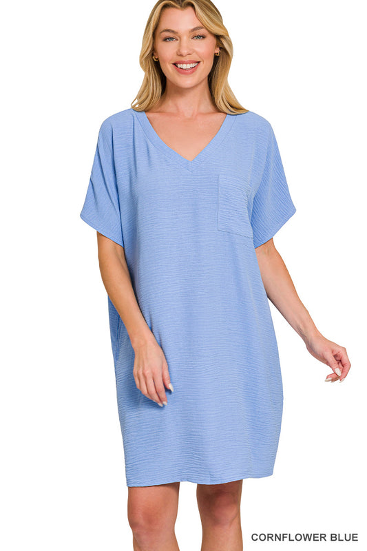 V Neck Shirt Dress with Pockets
