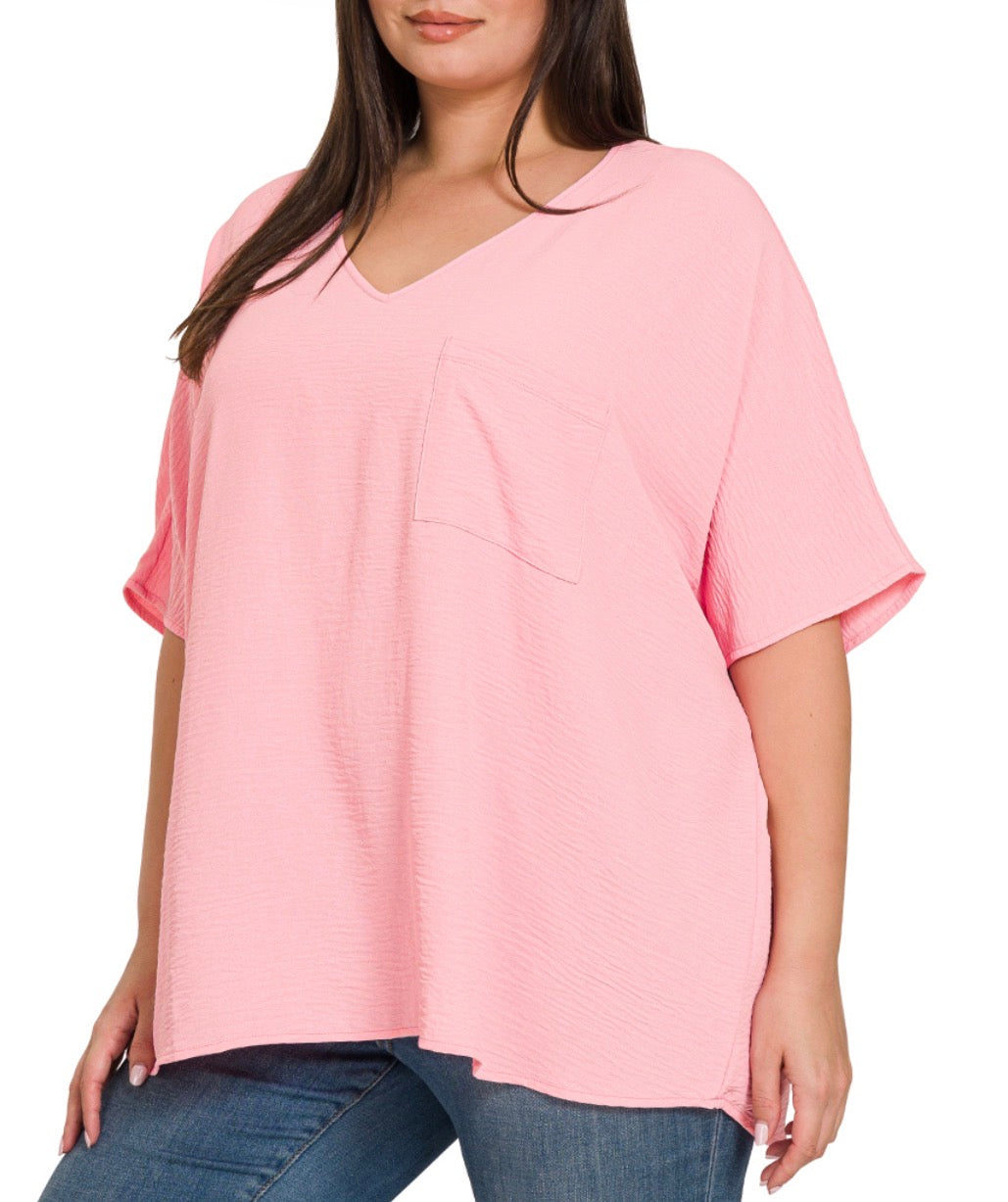 WOVEN AIRFLOW V-NECK DOLMAN SHORT SLEEVE TOP