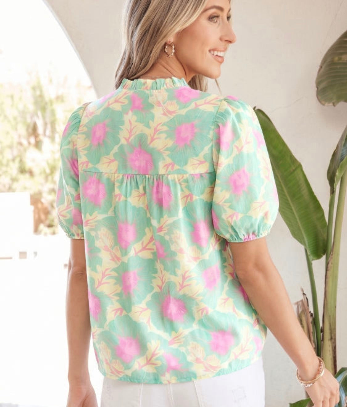 Floral Bubble Sleeve Blouse