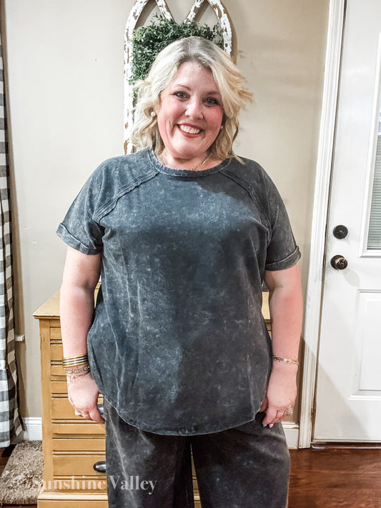 Curvy ZENANA FRENCH TERRY WASHED CURVED HEM TOP