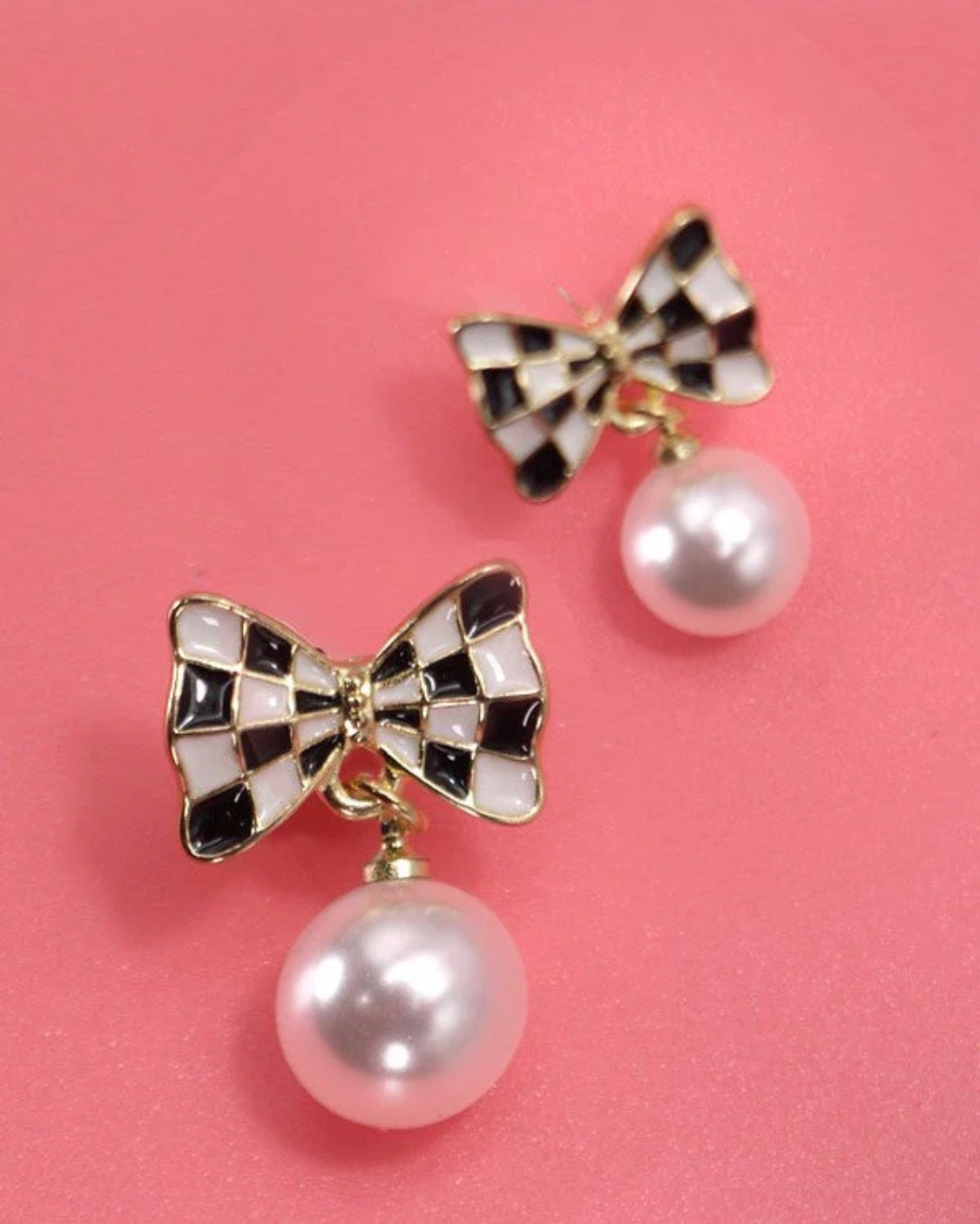 Checker Bow Pearl Drop Earring
