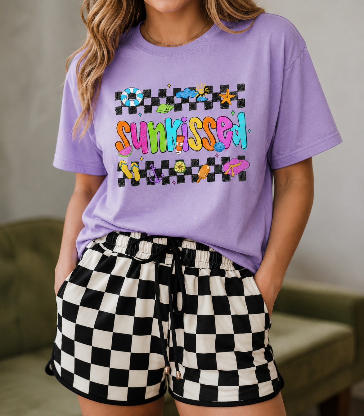 Black Checkered Drawstring Shorts