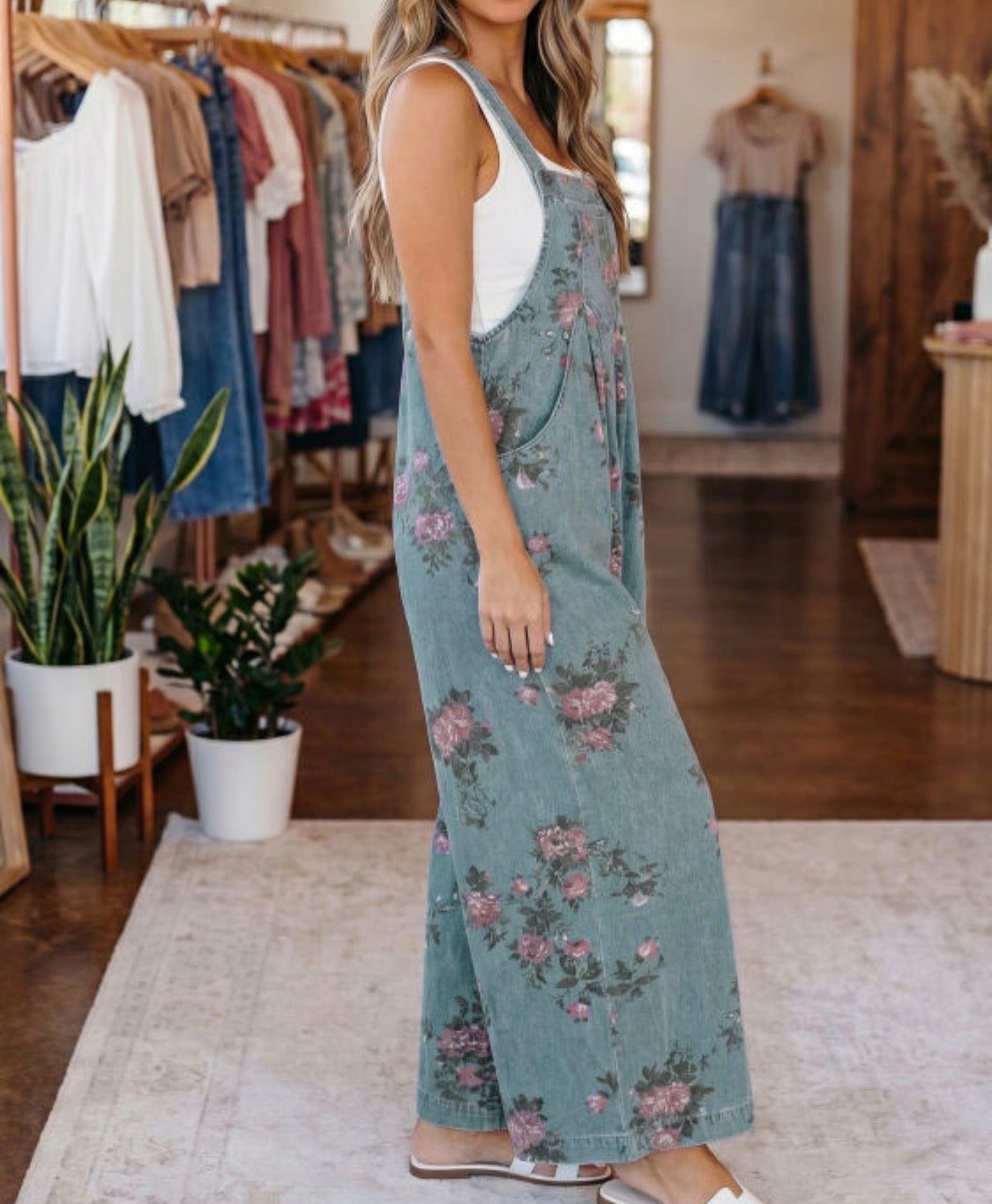 Floral High Waist Wide Leg Denim Jumpsuit