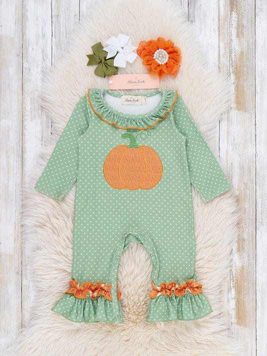 Polka Dot Pumpkin Embroidered Ruffle Romper