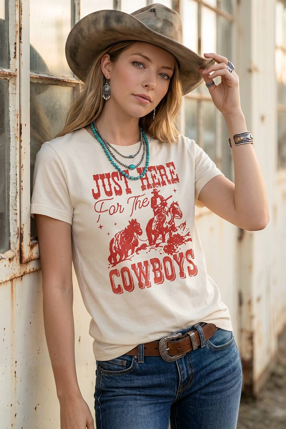 JUST HERE For THE COWBOY Cuffed Sleeve T Shirt
